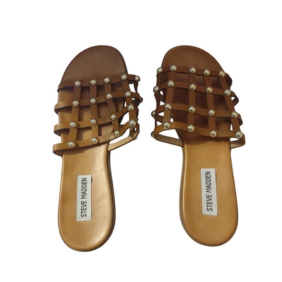 Steve Madden Shoes - Steve Madden Beil Brown Cage Studded Slide Sandals Womens Cognac Flat Summer
